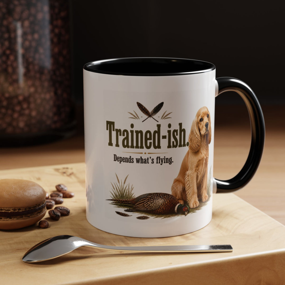 Funny Golden Cocker Spaniel Mug - Trained-ish Depends What's Flying, Working Gun Dog Gift, Pheasant Shooting Mug, 11oz