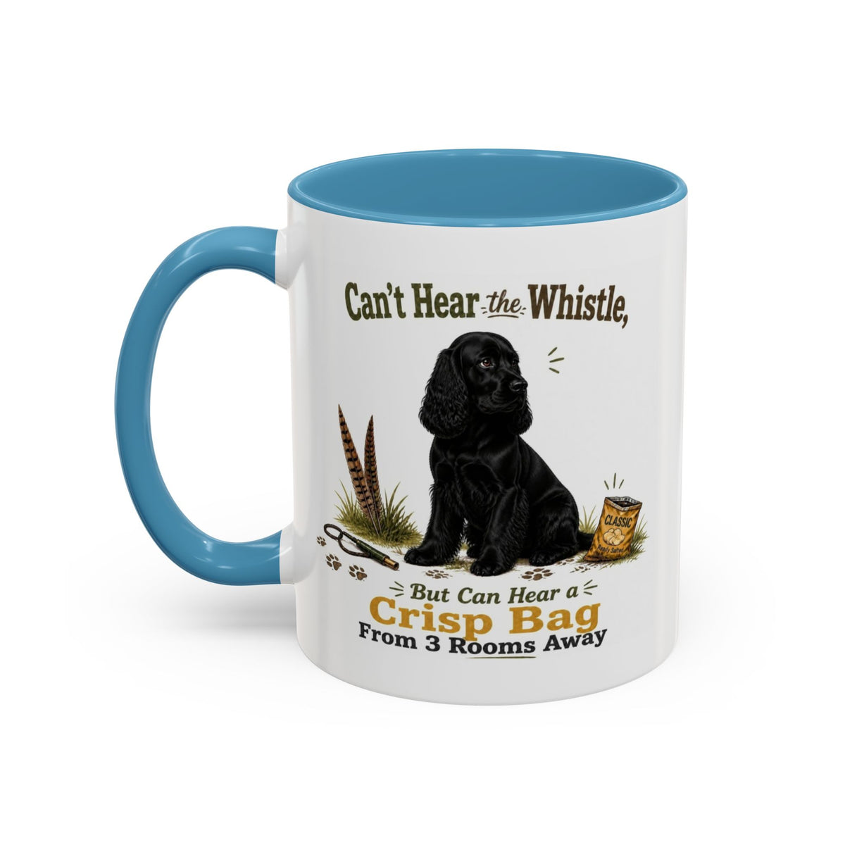 Funny Black Cocker Spaniel Mug - Can't Hear the Whistle But Can Hear a Crisp Bag, Working Gun Dog Gift, Greedy Dog Mug, 11oz