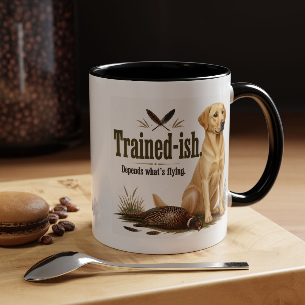 Funny Yellow Labrador Mug - Trained-ish Depends What's Flying, Working Gun Dog Gift, Pheasant Shooting Mug, 11oz