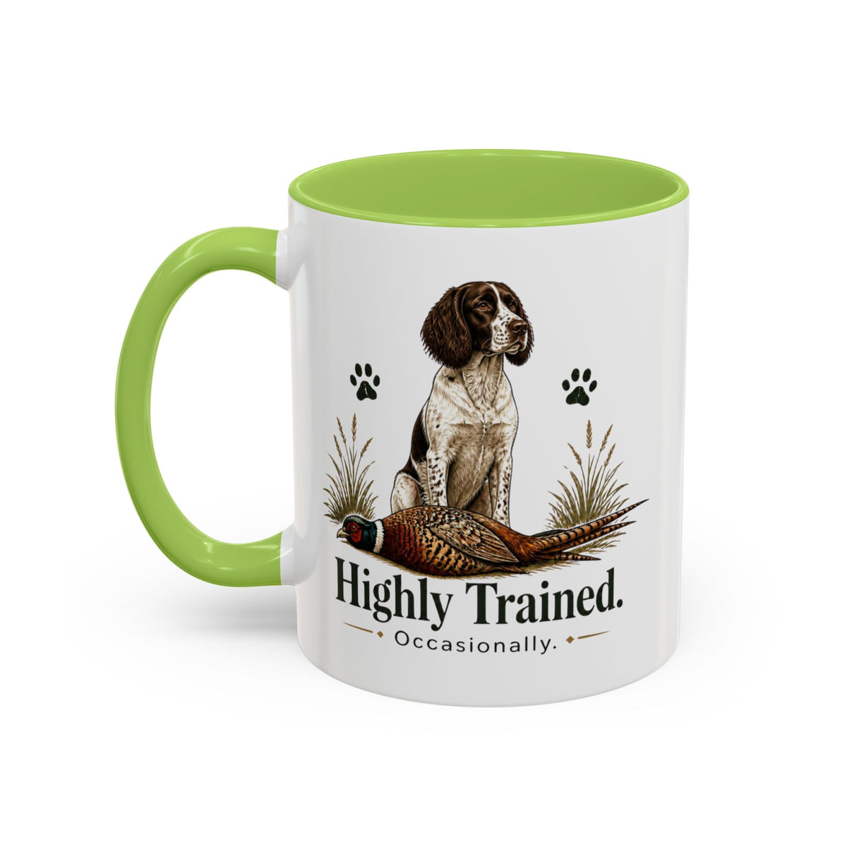 Funny Liver and White Springer Spaniel Mug - Highly Trained Occasionally, Gundog Owner Gift, Shooting Dog Lover Coffee Mug, 11oz