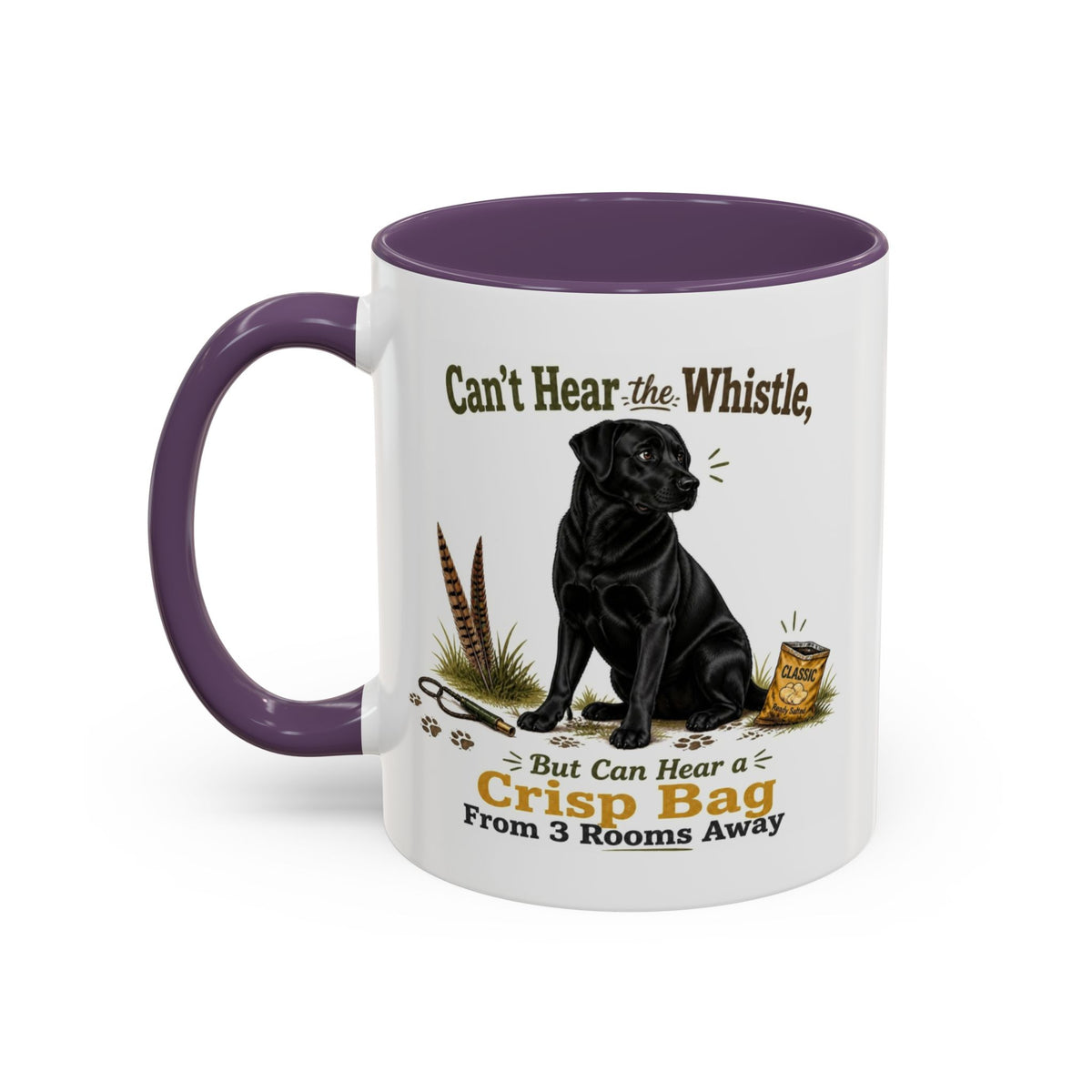 Funny Black Labrador Mug - Can't Hear the Whistle But Can Hear a Crisp Bag, Working Gun Dog Gift, Greedy Dog Mug, 11oz