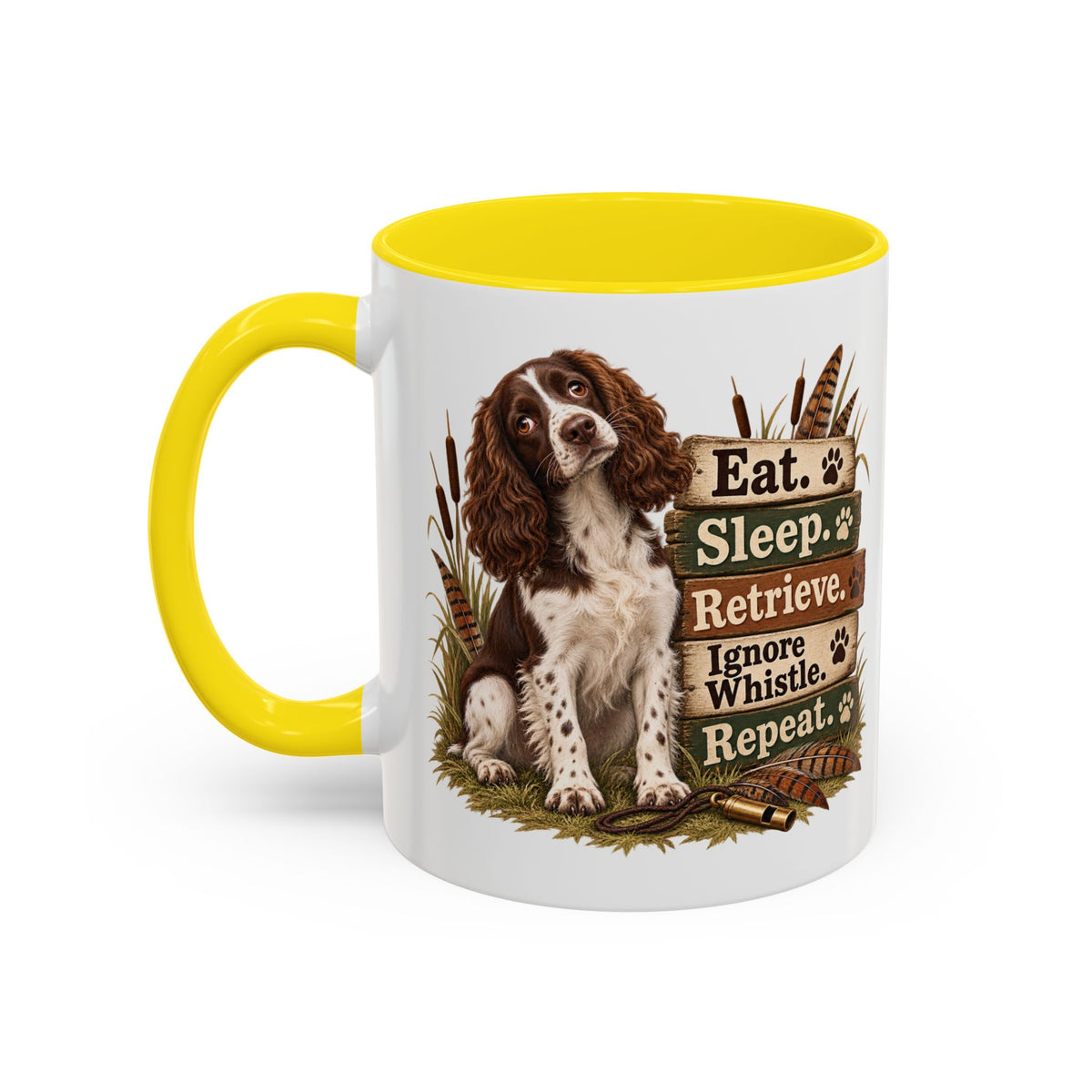Funny Liver and White Springer Spaniel Mug - Eat Sleep Retrieve Ignore Whistle Repeat, Gundog Gift, Shooting Dog Mug, 11oz