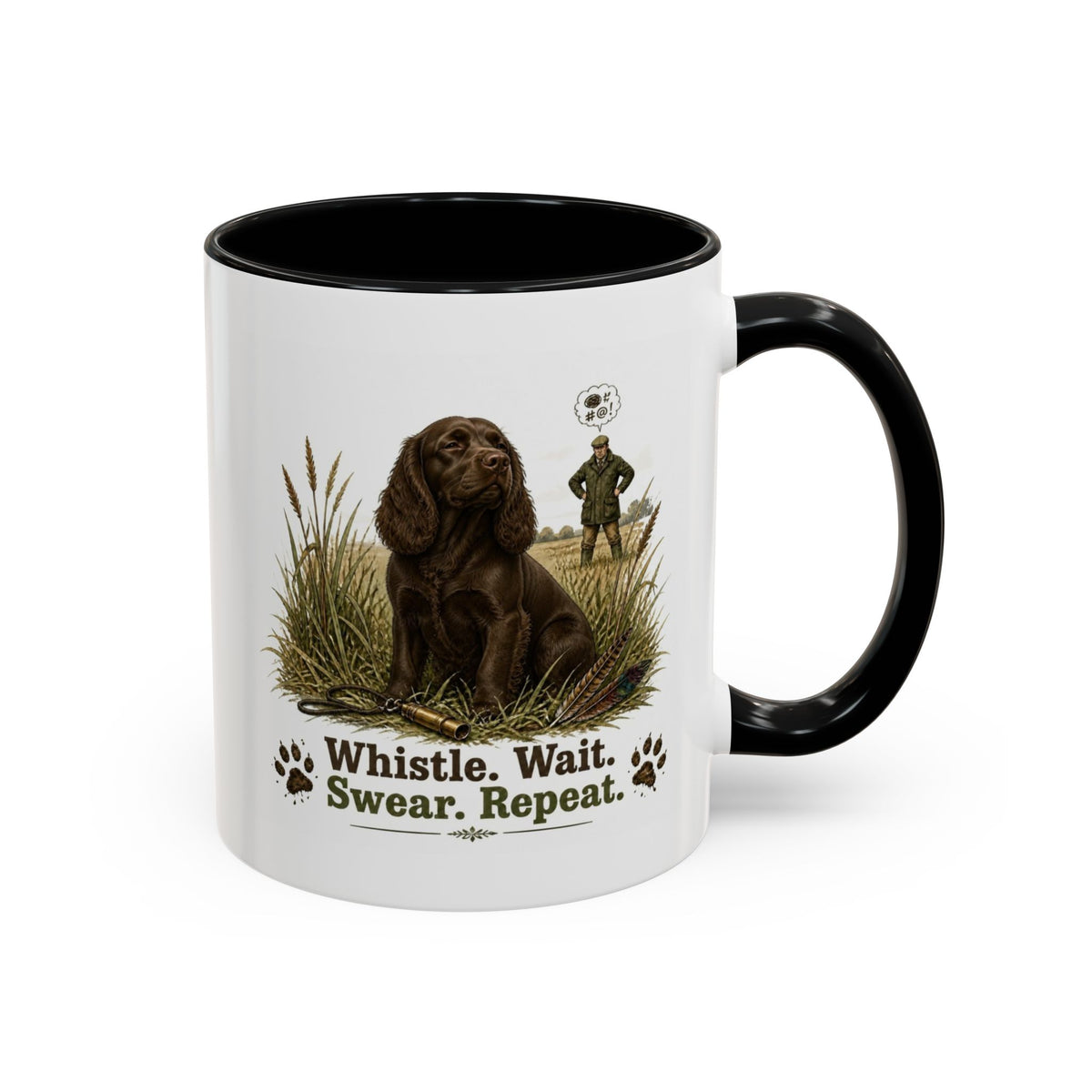 Funny Chocolate Cocker Spaniel Mug - Whistle. Wait. Swear. Repeat. Working Gun Dog Gift, Dog Training Mug, 11oz