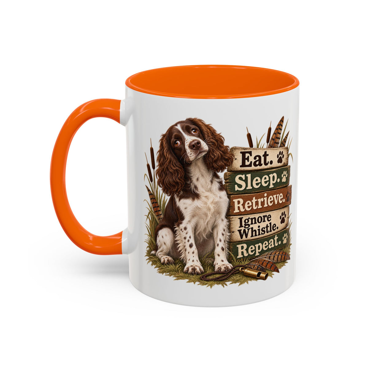 Funny Liver and White Springer Spaniel Mug - Eat Sleep Retrieve Ignore Whistle Repeat, Gundog Gift, Shooting Dog Mug, 11oz