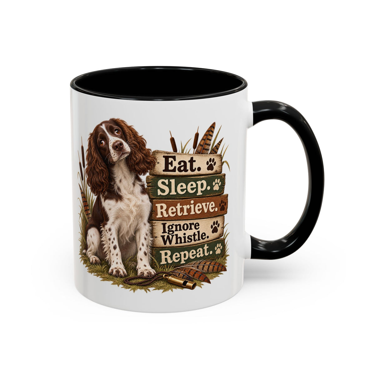 Funny Liver and White Springer Spaniel Mug - Eat Sleep Retrieve Ignore Whistle Repeat, Gundog Gift, Shooting Dog Mug, 11oz
