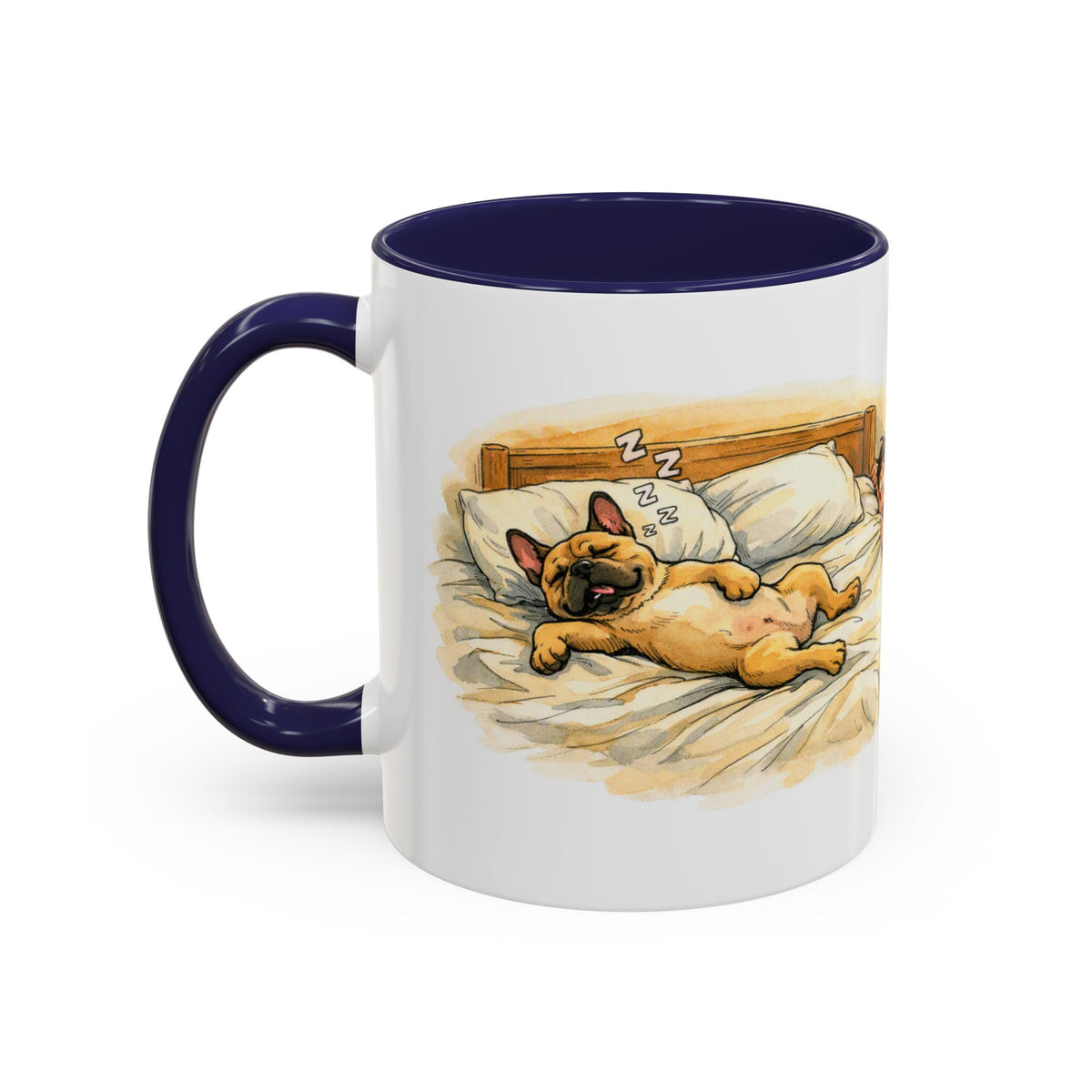 Funny French bulldog mug, snoring Frenchie hogging the bed – view 14