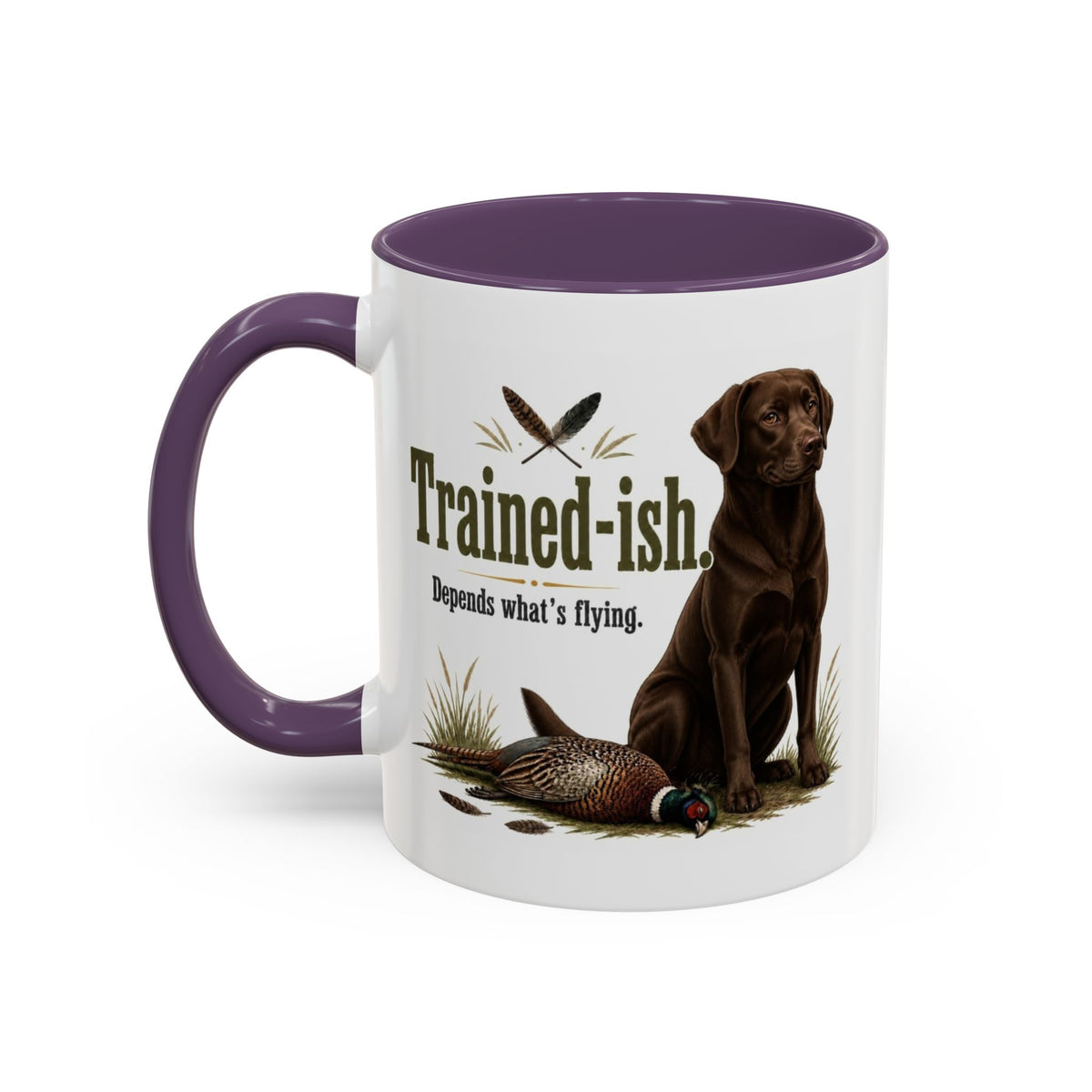 Funny Chocolate Labrador Mug - Trained-ish Depends What's Flying, Working Gun Dog Gift, Pheasant Shooting Mug, 11oz