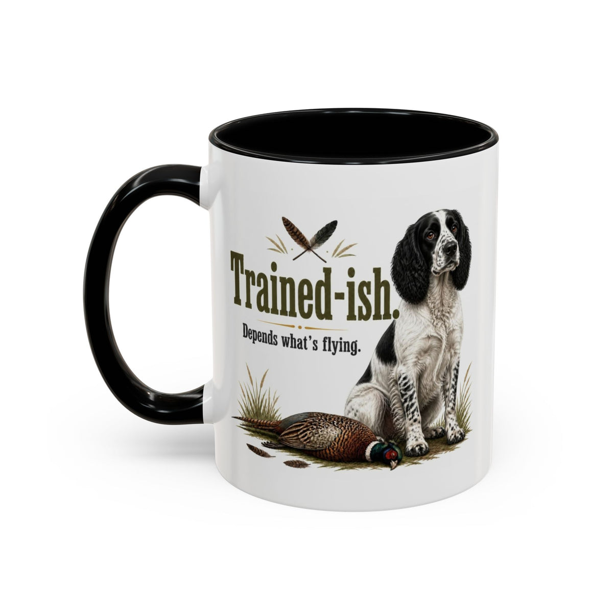 Funny Black and White Springer Spaniel Mug - Trained-ish Depends What's Flying, Working Gun Dog Gift, Pheasant Shooting Mug, 11oz