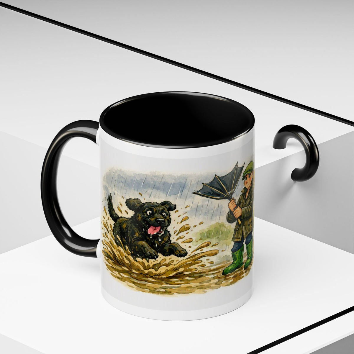 Rainy Walk Tea mug, woman with black dog on a muddy rainy walk – view 9