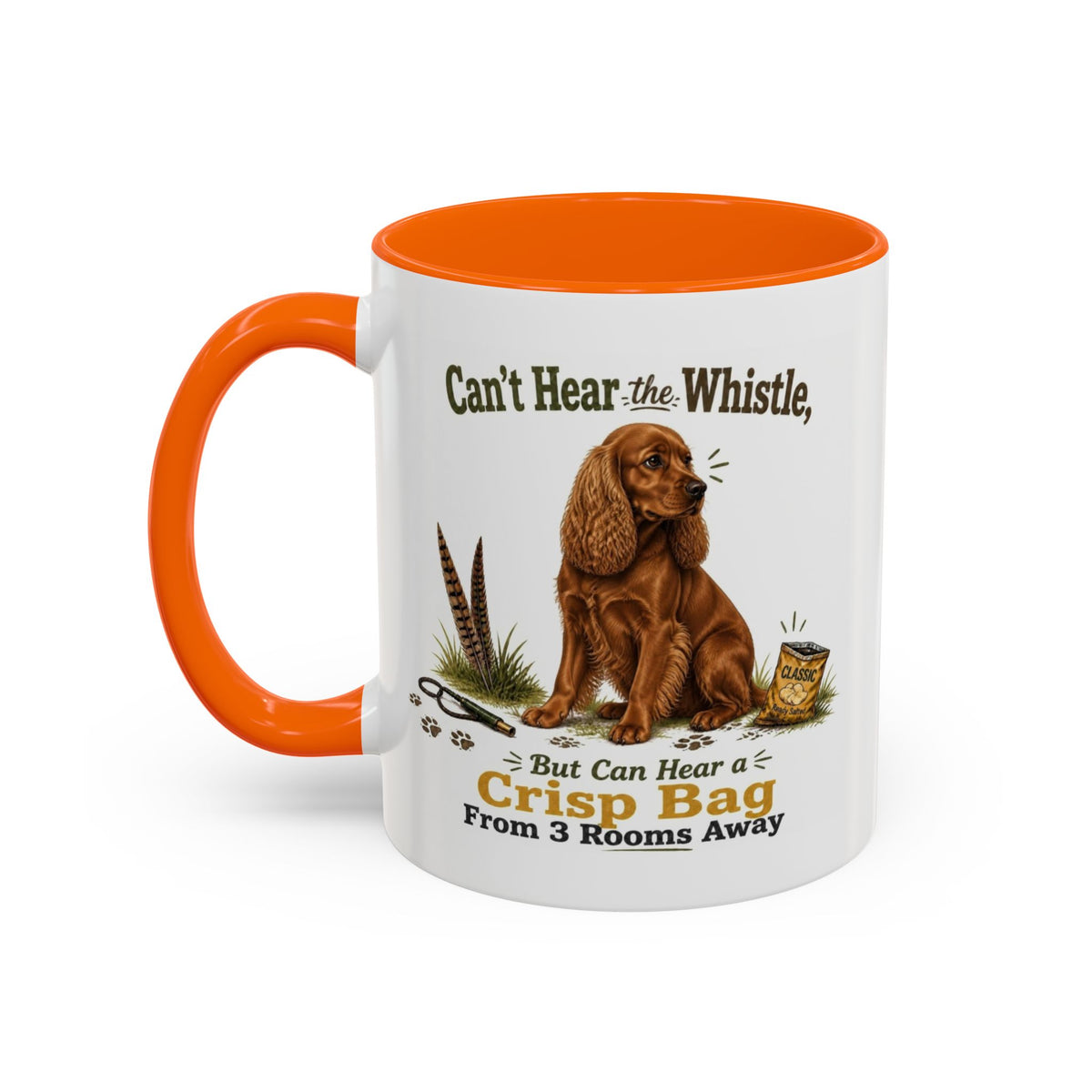 Funny Red Cocker Spaniel Mug - Can't Hear the Whistle But Can Hear a Crisp Bag, Working Gun Dog Gift, Greedy Dog Mug, 11oz