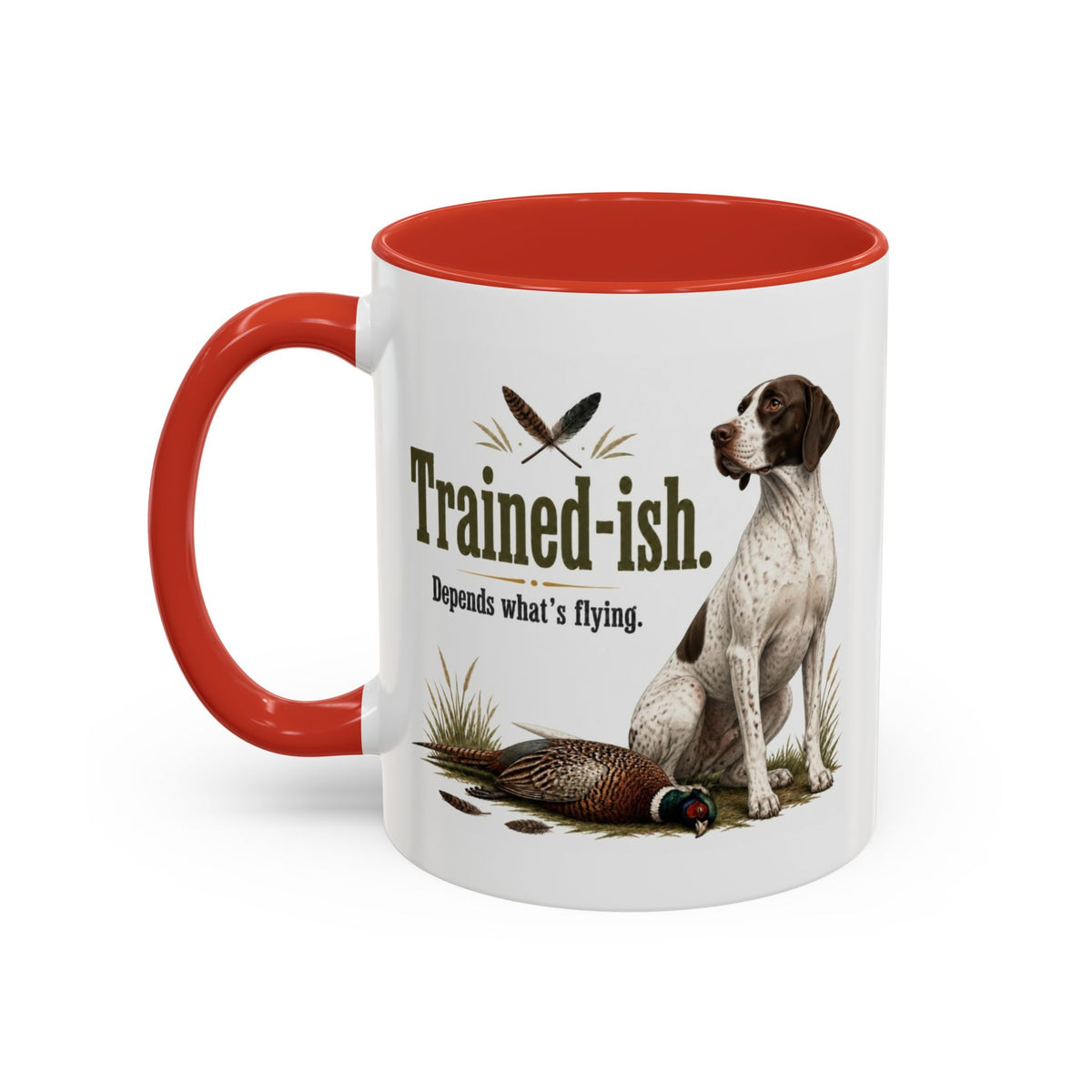 Funny English Pointer Mug - Trained-ish Depends What's Flying, Working Gun Dog Gift, Pheasant Shooting Mug, 11oz