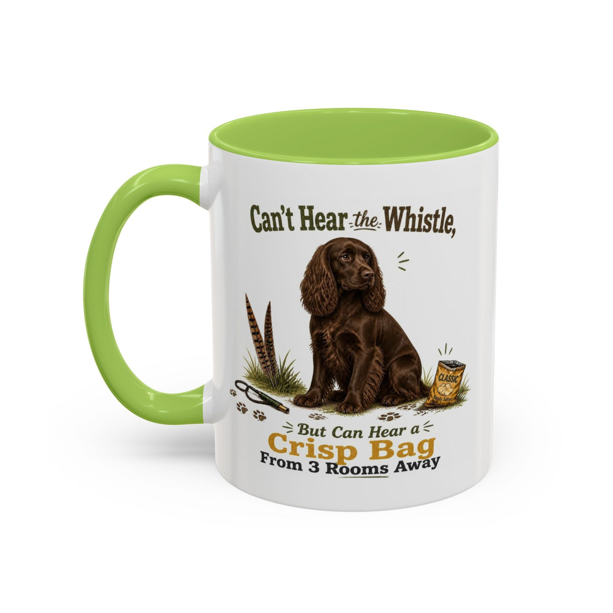 Funny Chocolate Cocker Spaniel Mug - Can't Hear the Whistle But Can Hear a Crisp Bag, Working Gun Dog Gift, Greedy Dog Mug, 11oz