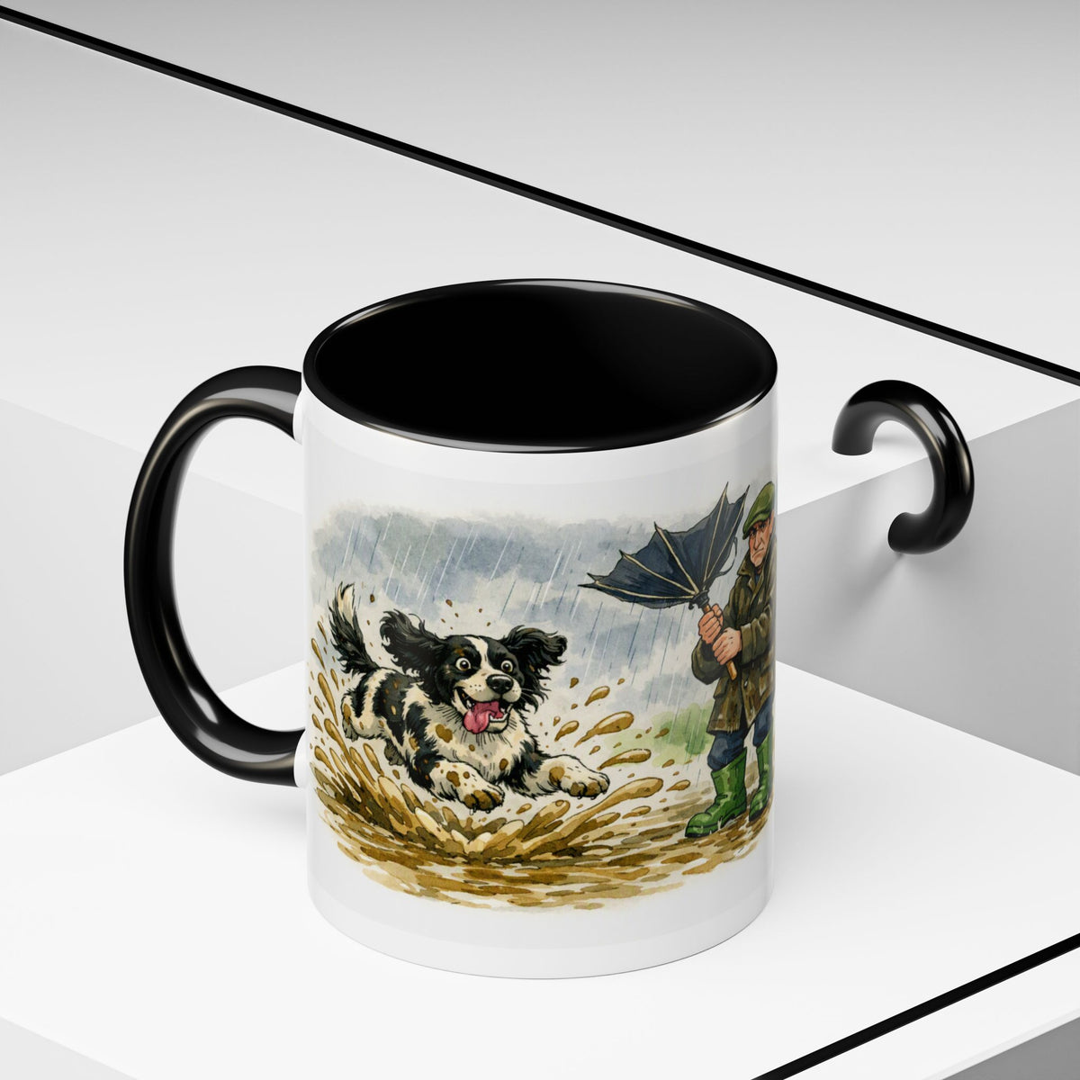 Funny dog walker mug, man with black and white dog on a muddy rainy walk – view 9