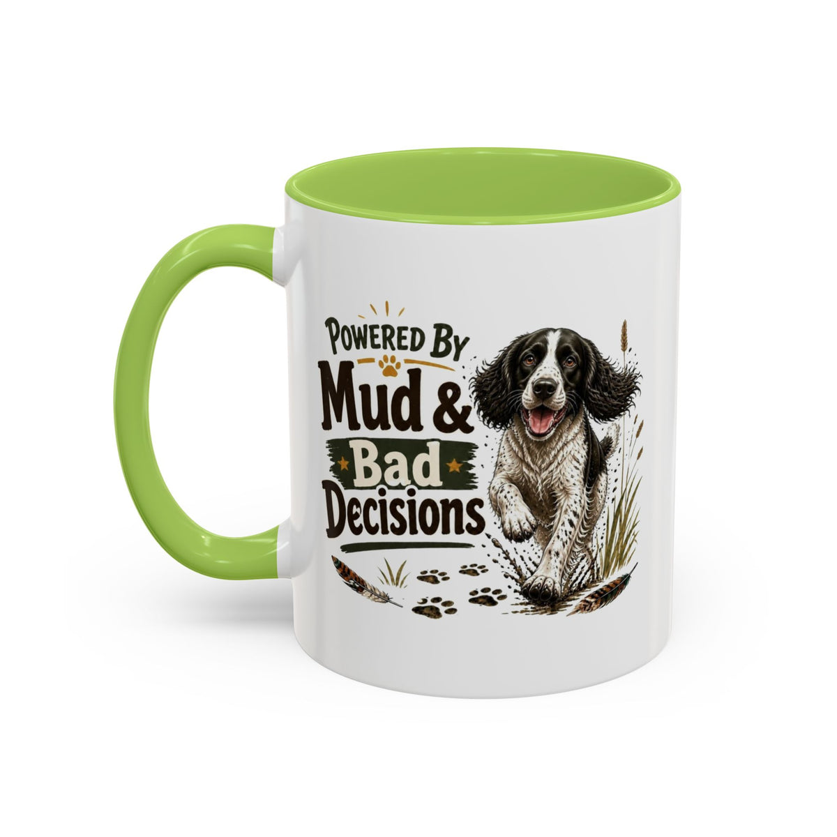 Funny Black and White Springer Spaniel Mug - Powered By Mud & Bad Decisions, Muddy Dog Owner Gift, Gundog Lover Coffee Mug, 11oz
