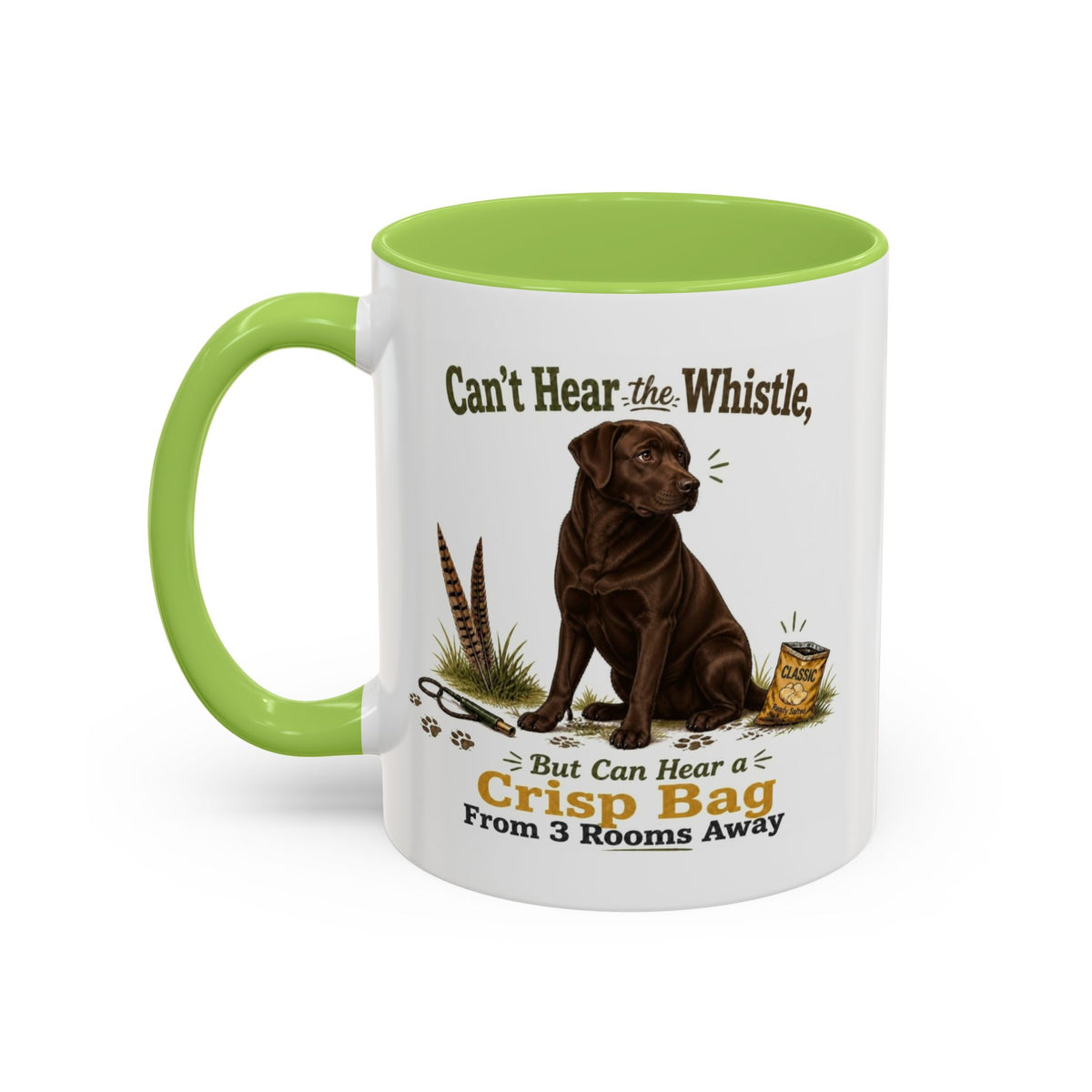 Funny Chocolate Labrador Mug - Can't Hear the Whistle But Can Hear a Crisp Bag, Working Gun Dog Gift, Greedy Dog Mug, 11oz