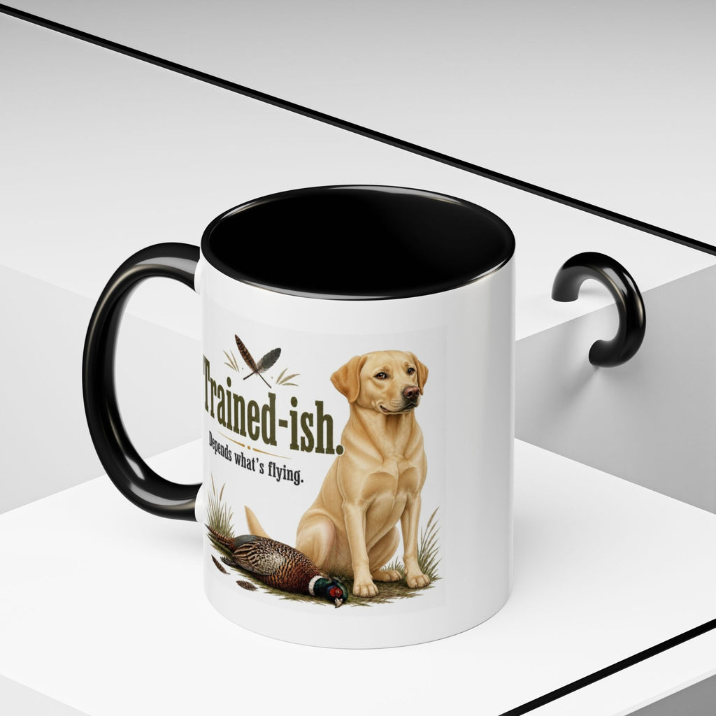 Funny Yellow Labrador Mug - Trained-ish Depends What's Flying, Working Gun Dog Gift, Pheasant Shooting Mug, 11oz