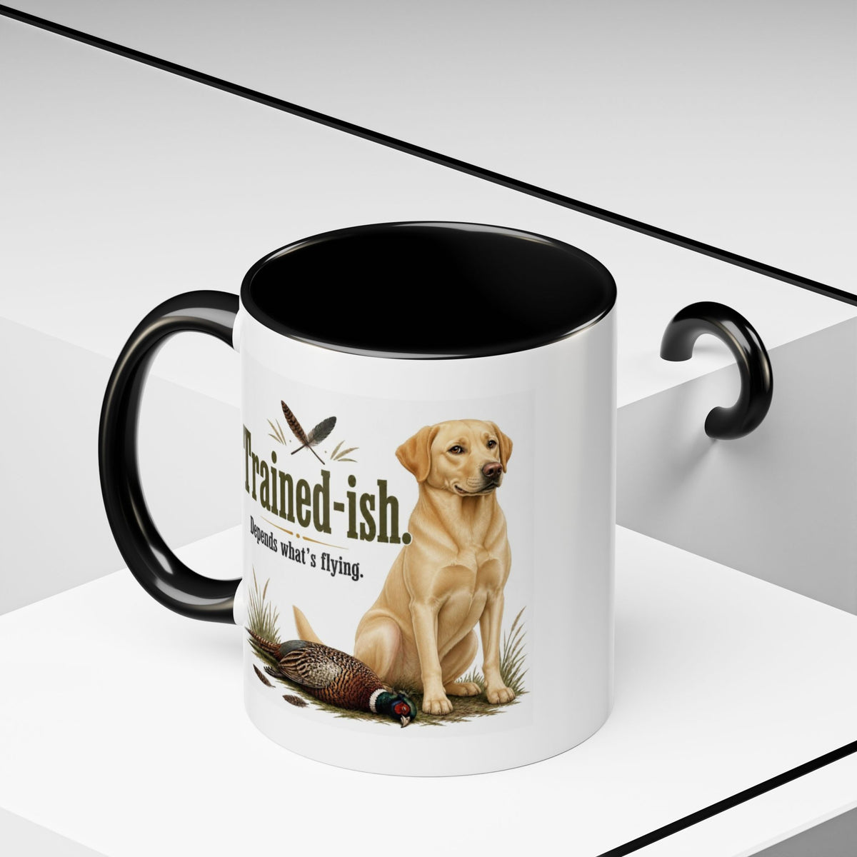 Funny Yellow Labrador Mug - Trained-ish Depends What's Flying, Working Gun Dog Gift, Pheasant Shooting Mug, 11oz