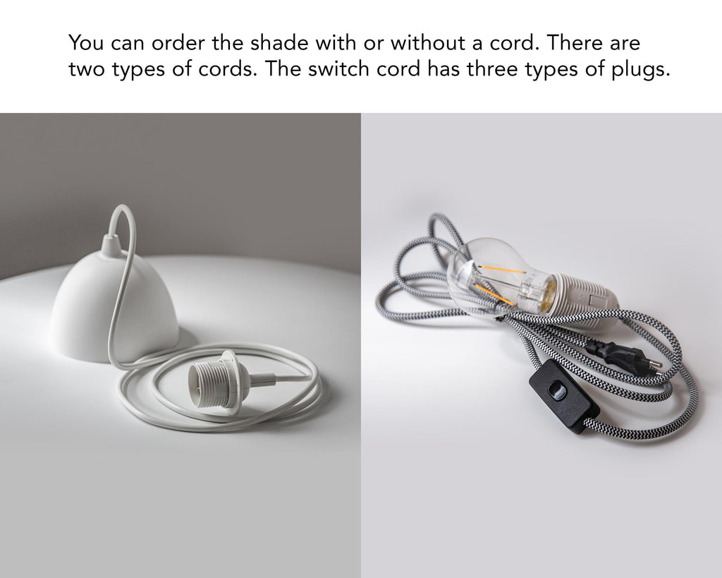 A split-panel product image showing a white pendant lamp shade and its cords on a light gray background, with explanatory text at the top stating that the shade can come with or without a cord and there are three types of plugs.