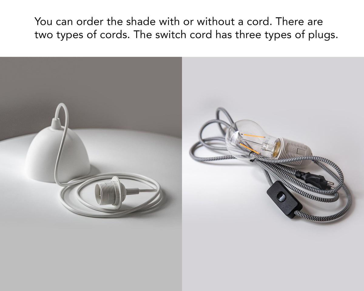 A split-panel product image showing a white pendant lamp shade and its cords on a light gray background, with explanatory text at the top stating that the shade can come with or without a cord and there are three types of plugs.
