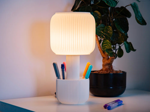 Modern white table lamp with pen holder