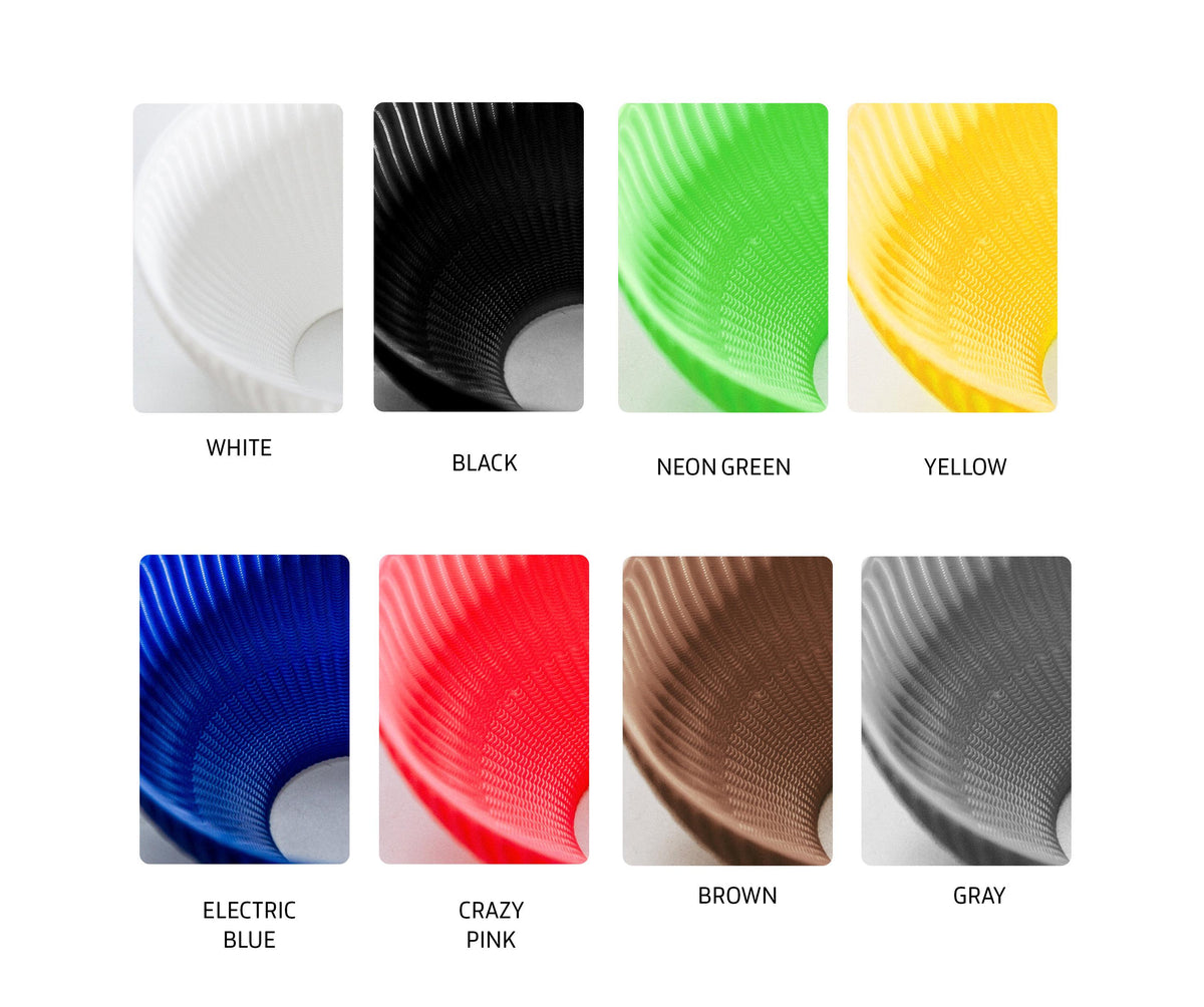 A color options chart showing the ribbed cup-like product in eight colors: white, black, neon green, yellow, electric blue, crazy pink, brown, and gray, each labeled with its name underneath.