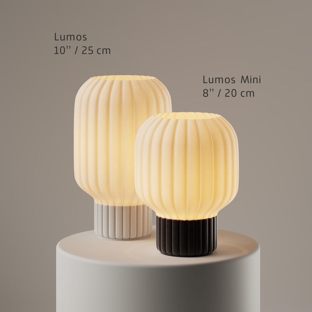 Close-up of a ribbed translucent glass shade or vase with warm yellow light glowing through the center.