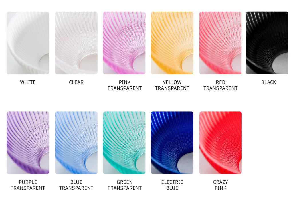 A color options chart showing the ribbed cup interior in multiple translucent and opaque colors, labeled White, Clear, Pink Transparent, Yellow Transparent, Red Transparent, Black, Purple Transparent, Blue Transparent, Green Transparent, Electric Blue, and Crazy Pink.