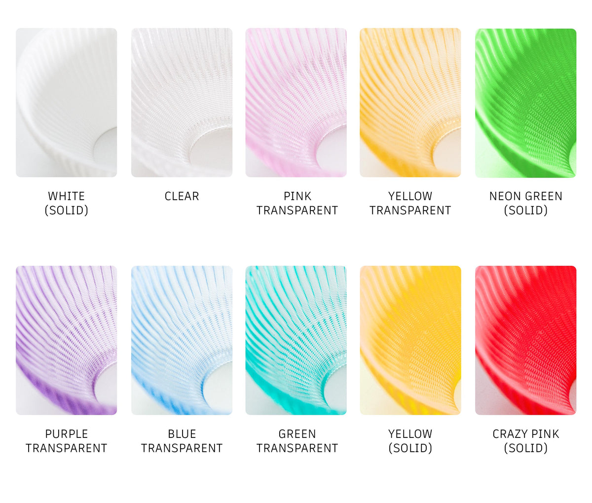 A color-options grid showing ten translucent and solid shell-like swatches arranged in two rows, each labeled with its color name: White (Solid), Clear, Pink Transparent, Yellow Transparent, Neon Green (Solid), Purple Transparent, Blue Transparent, Green Transparent, Yellow (Solid), and Crazy Pink (Solid).