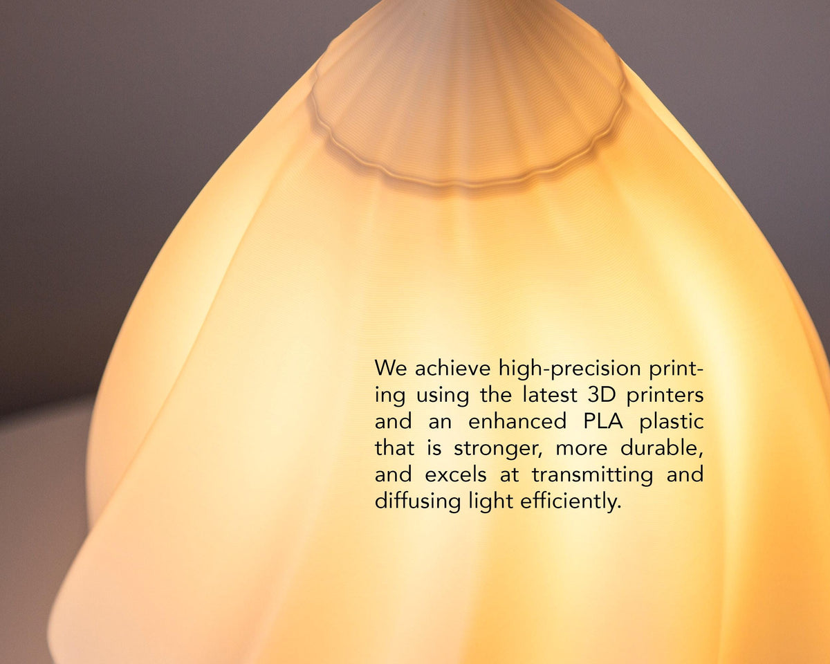 A close-up of a glowing dome-shaped lampshade made of warm translucent material, with centered text describing high-precision printing and light diffusion.