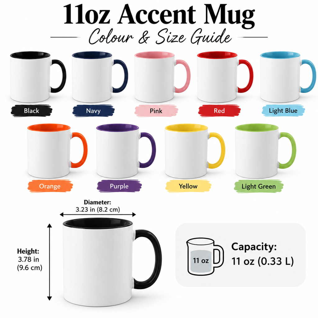 11oz accent mug colour and size guide: 9 handle and inside colours, 9.6 cm tall, 8.2 cm diameter, 330 ml capacity