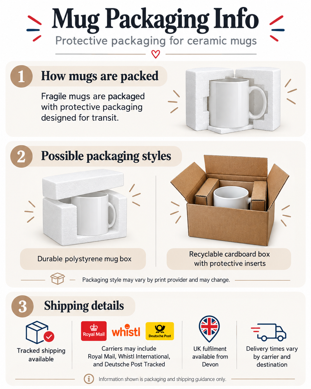 Mug packaging and shipping information: protective polystyrene or cardboard mug box, tracked UK shipping